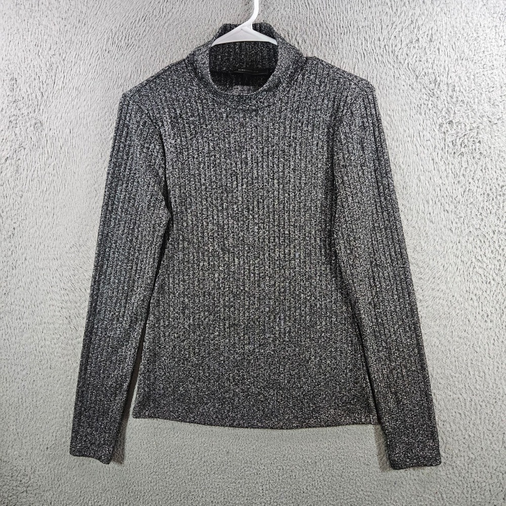 BCBGMAXAZRIA Womens Metallic Ribbed Mock Neck Long Sleeve Top Silver Black M